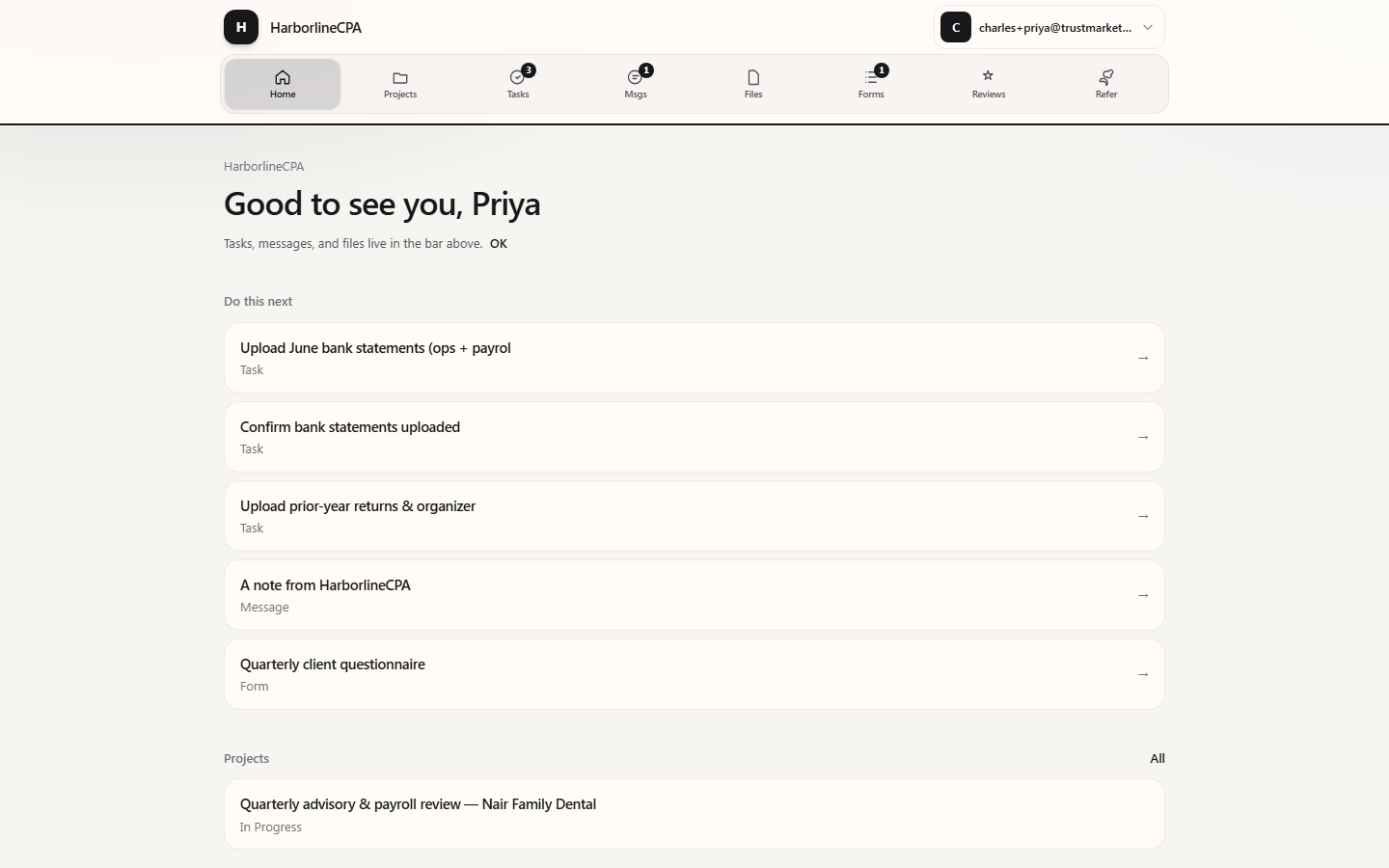 Optional. An invite-only portal they sign into — tasks, files, and messages under your name.